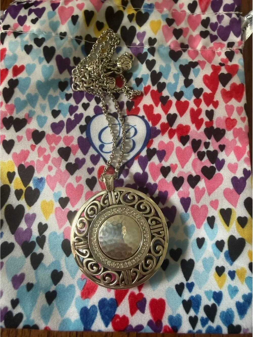 Brighton Silver Tone Scrollwork Crystal Necklace Round Pendant Retired